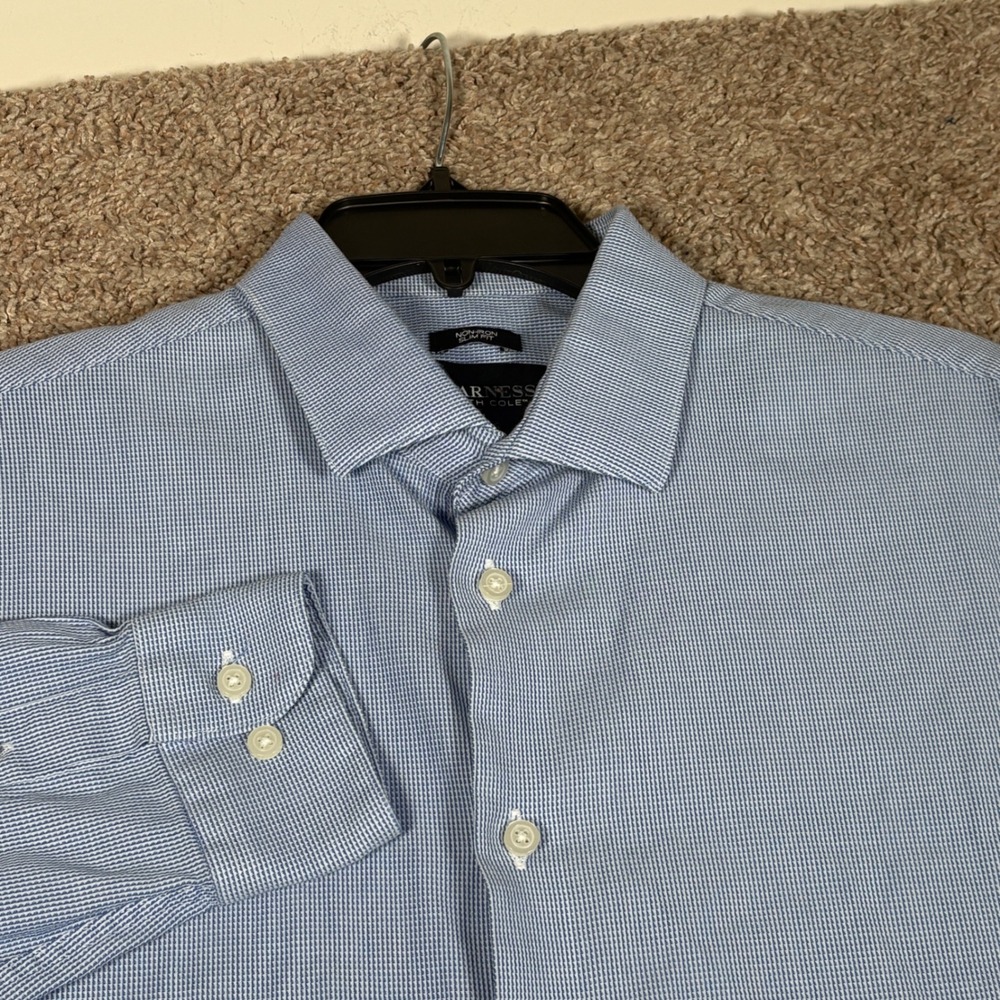 Awearness Kenneth Cole Mens Slim Fit Non-Iron Blue Micro Check Dress Shirt‎ 16.5